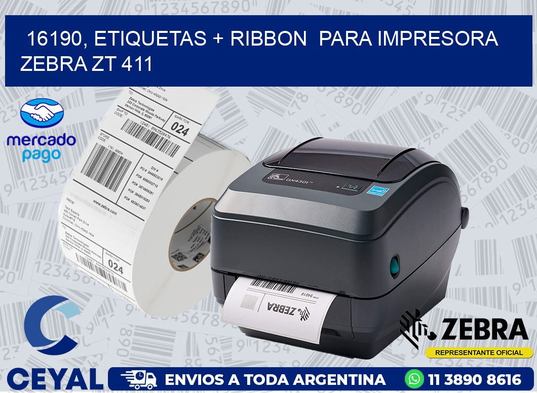 16190, etiquetas + ribbon  para impresora zebra ZT 411