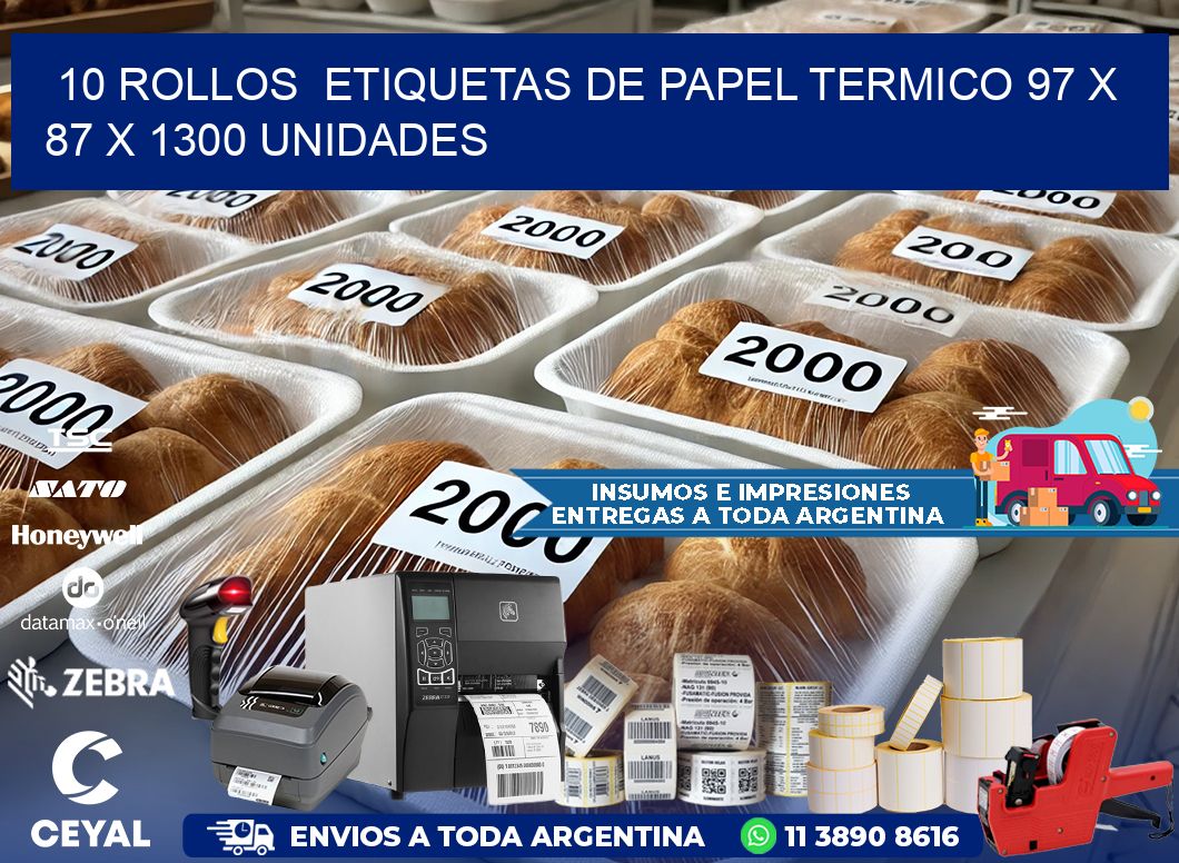 10 ROLLOS  ETIQUETAS DE PAPEL TERMICO 97 x 87 X 1300 UNIDADES