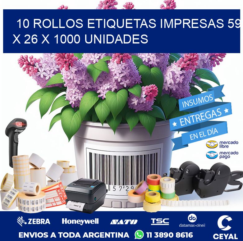 10 ROLLOS ETIQUETAS IMPRESAS 59 x 26 X 1000 UNIDADES