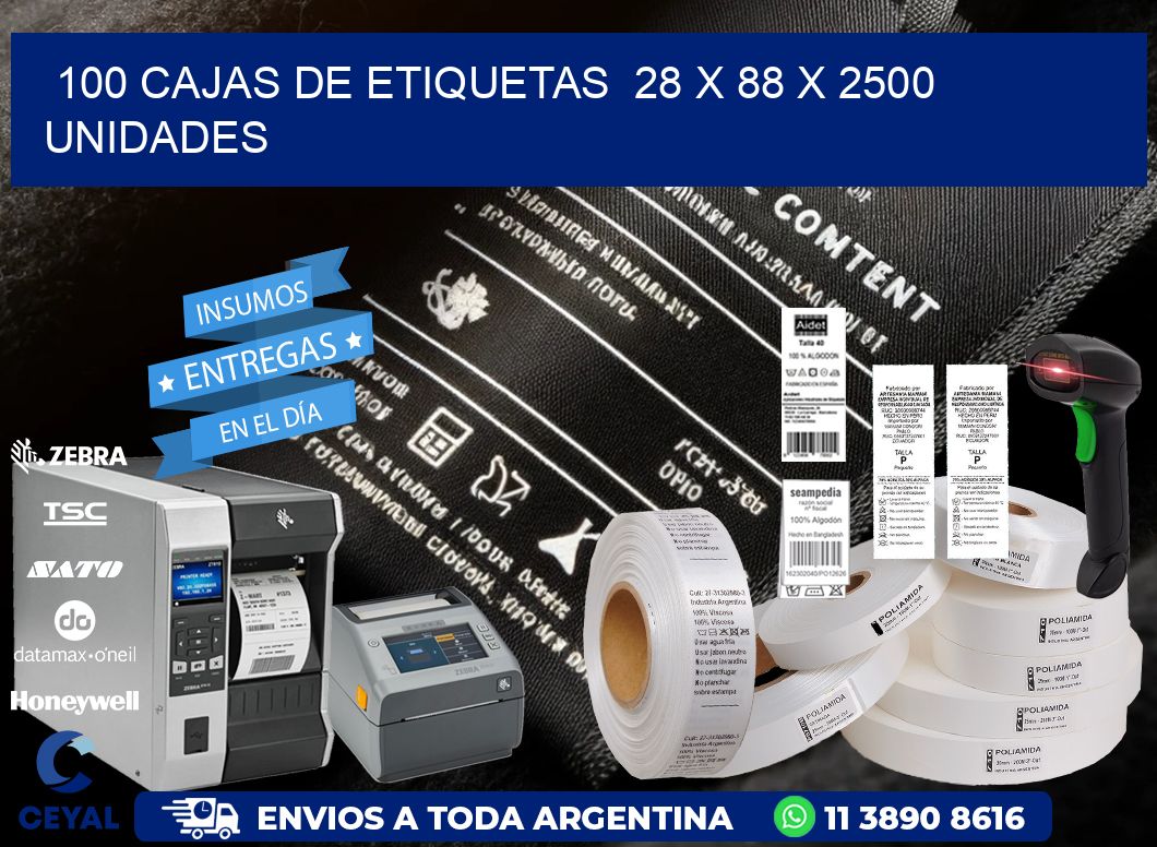 100 CAJAS DE ETIQUETAS  28 x 88 X 2500 UNIDADES