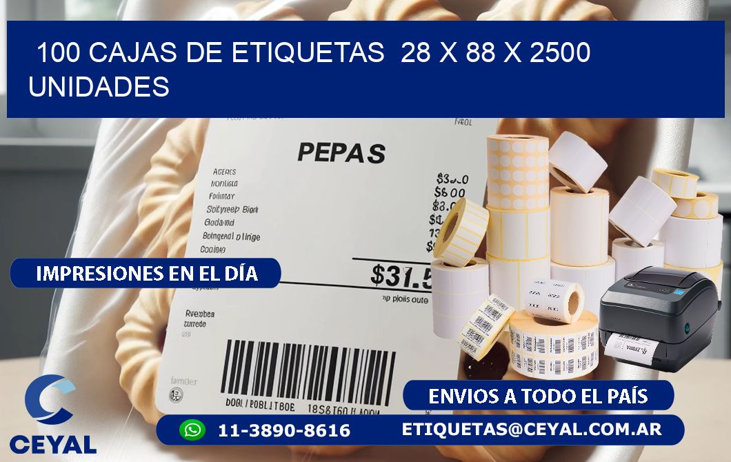 100 CAJAS DE ETIQUETAS  28 x 88 X 2500 UNIDADES