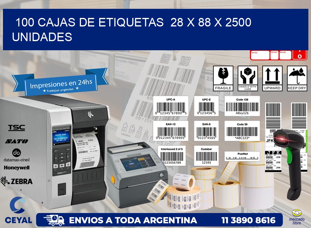 100 CAJAS DE ETIQUETAS  28 x 88 X 2500 UNIDADES