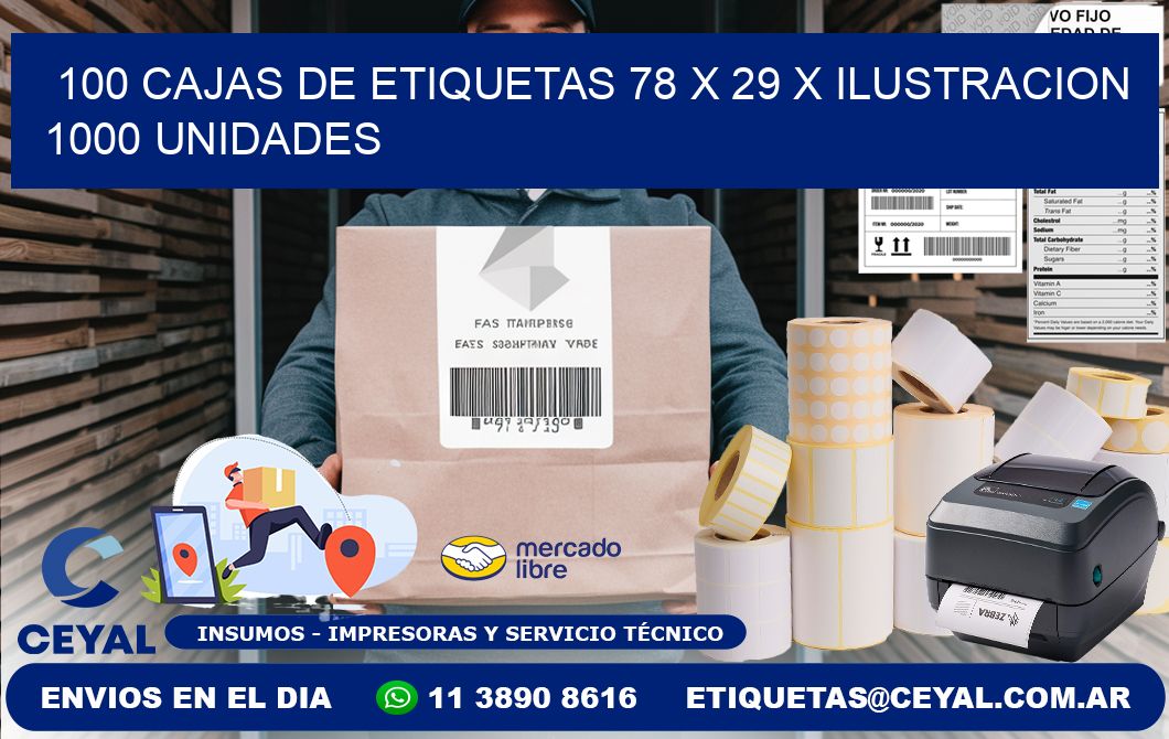 100 CAJAS DE ETIQUETAS 78 x 29 X ILUSTRACION 1000 UNIDADES