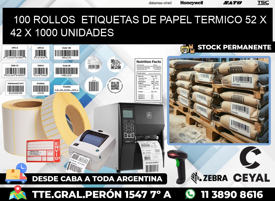 100 ROLLOS  ETIQUETAS DE PAPEL TERMICO 52 x 42 X 1000 UNIDADES