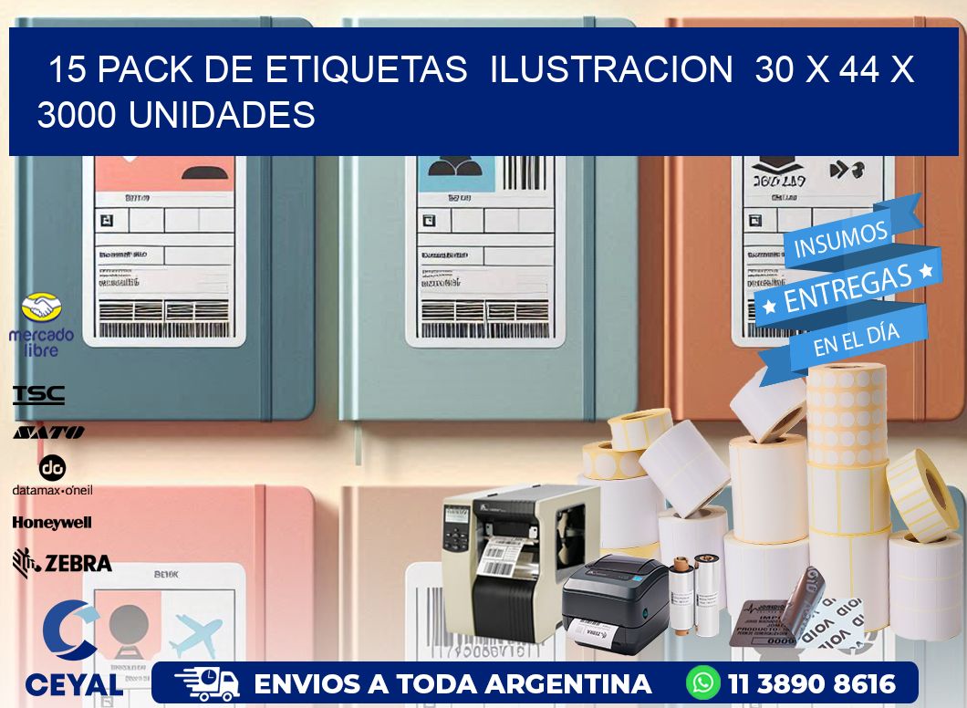 15 PACK DE ETIQUETAS  ILUSTRACION  30 x 44 X 3000 UNIDADES