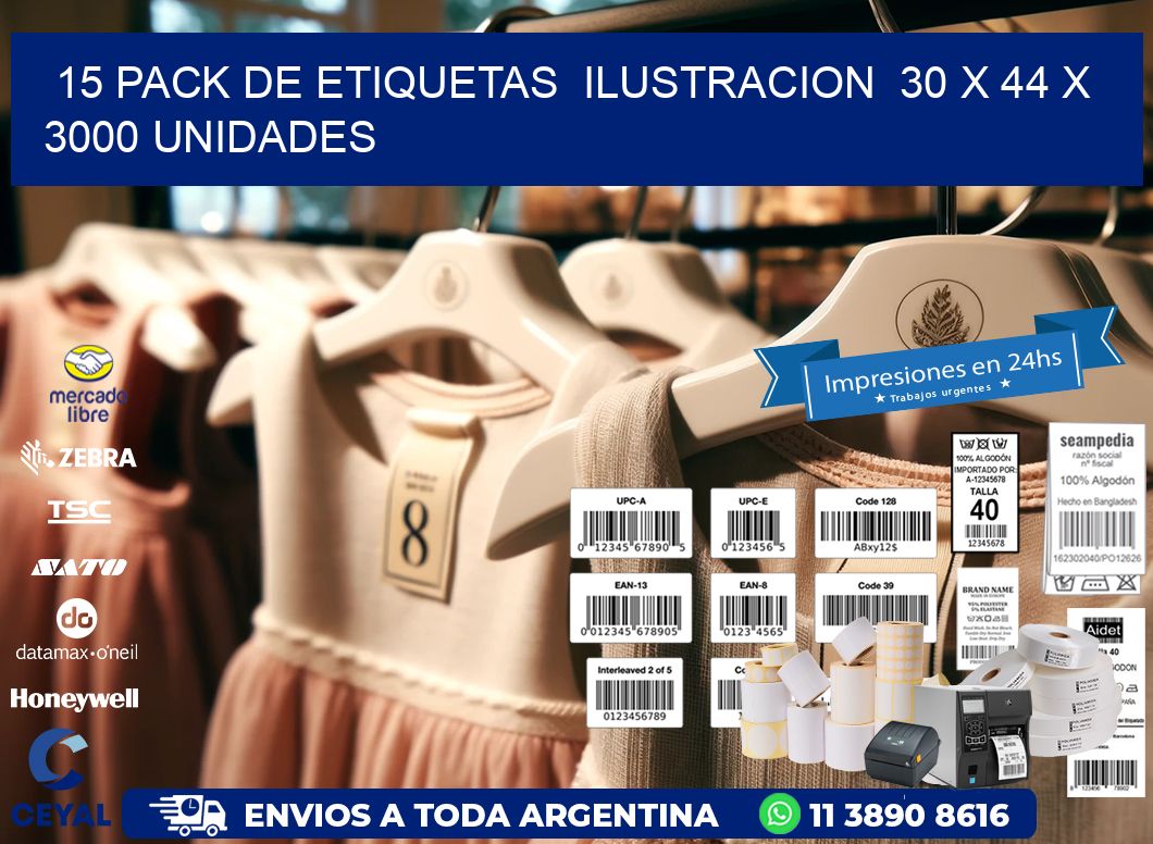 15 PACK DE ETIQUETAS  ILUSTRACION  30 x 44 X 3000 UNIDADES