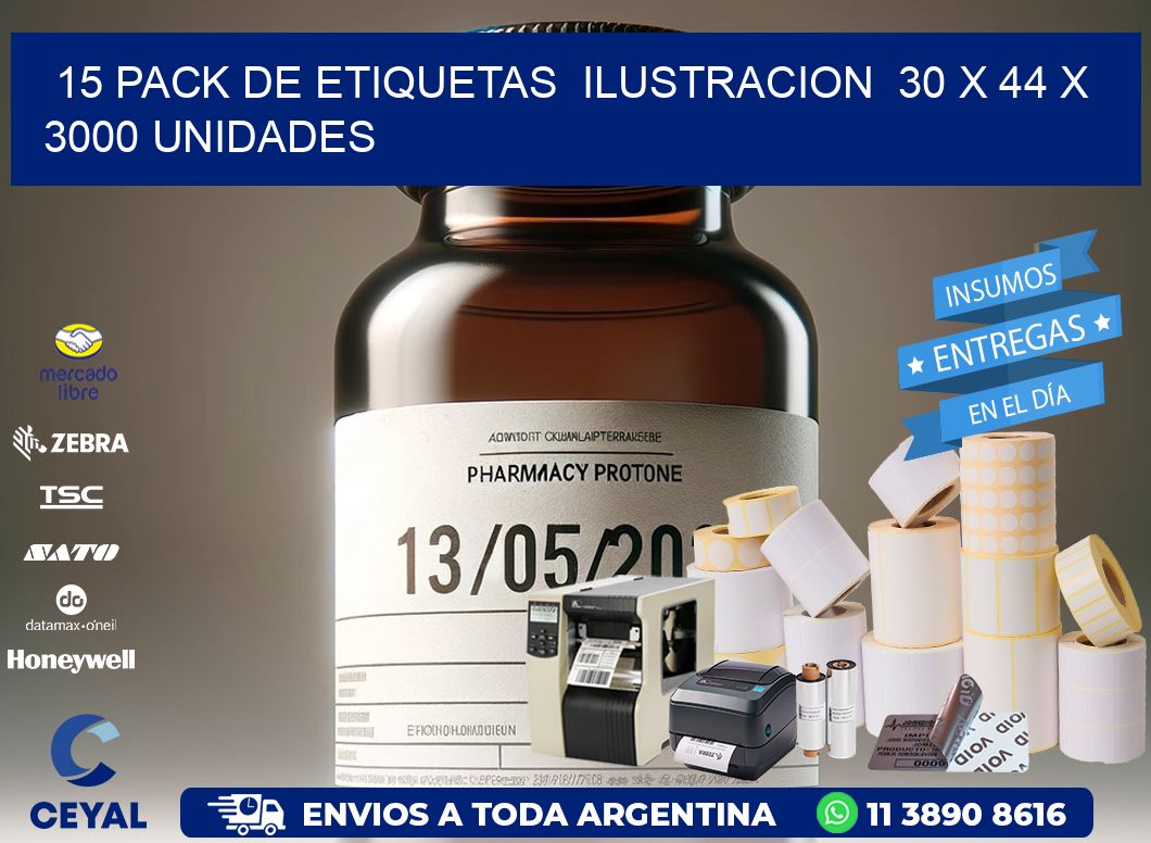 15 PACK DE ETIQUETAS  ILUSTRACION  30 x 44 X 3000 UNIDADES