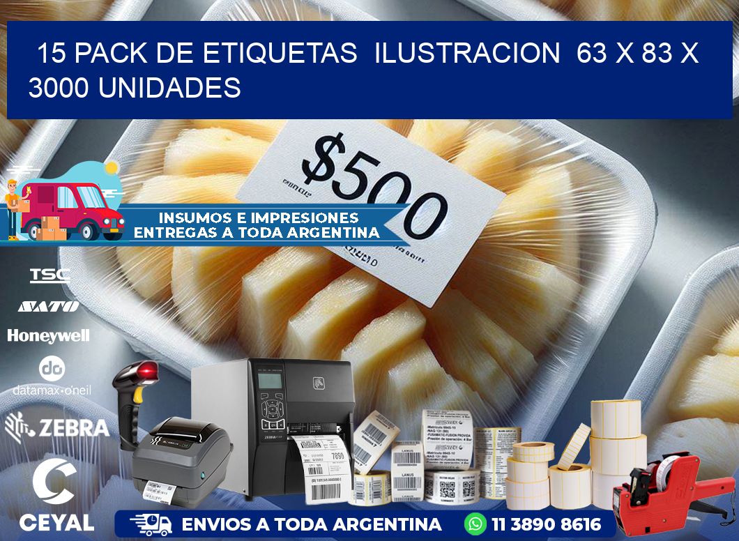 15 PACK DE ETIQUETAS  ILUSTRACION  63 x 83 X 3000 UNIDADES