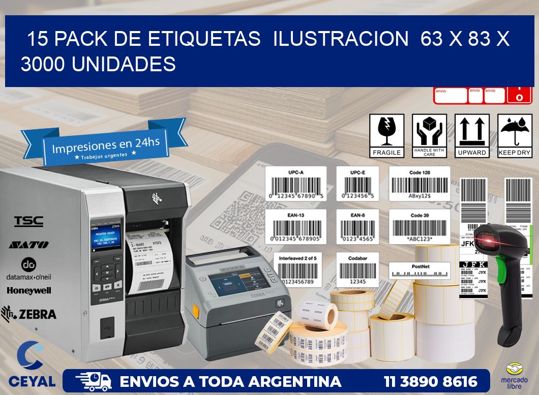 15 PACK DE ETIQUETAS  ILUSTRACION  63 x 83 X 3000 UNIDADES