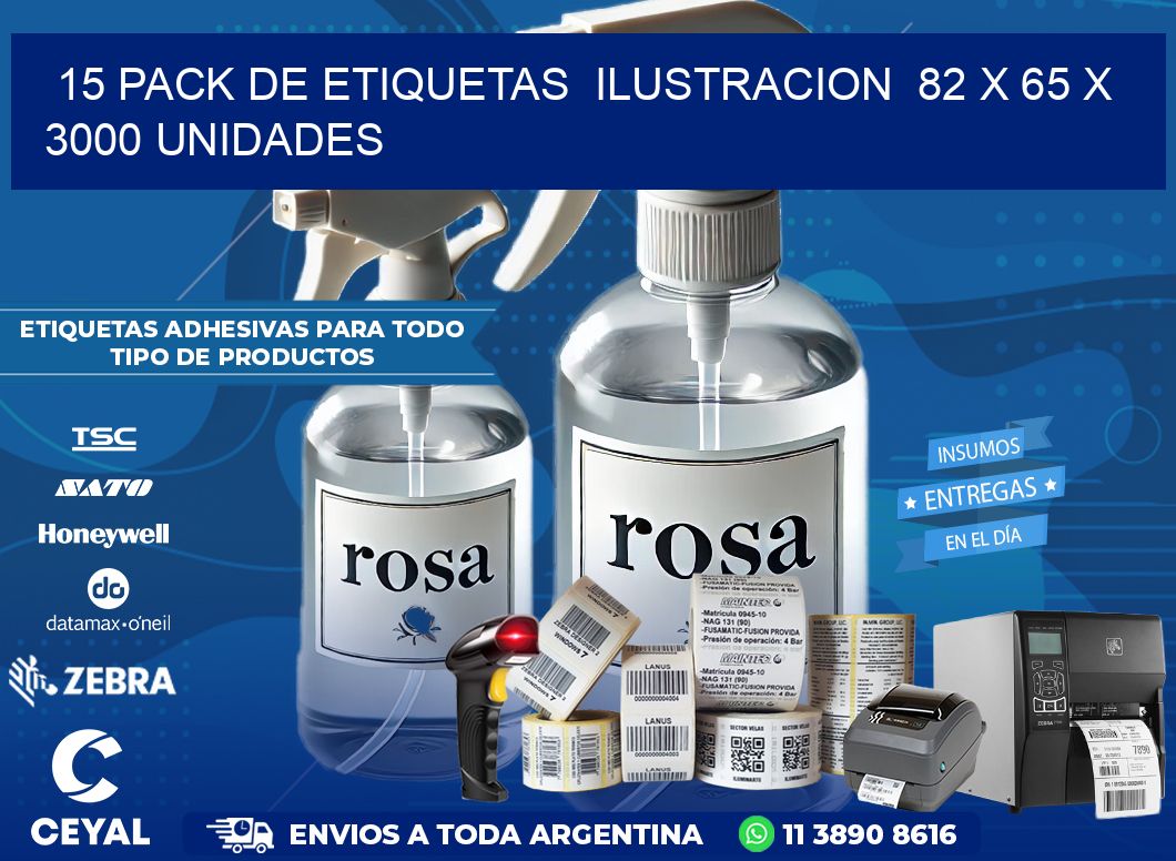 15 PACK DE ETIQUETAS  ILUSTRACION  82 x 65 X 3000 UNIDADES