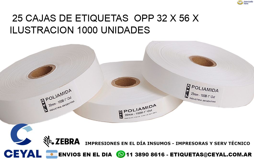 25 CAJAS DE ETIQUETAS  OPP 32 x 56 X ILUSTRACION 1000 UNIDADES