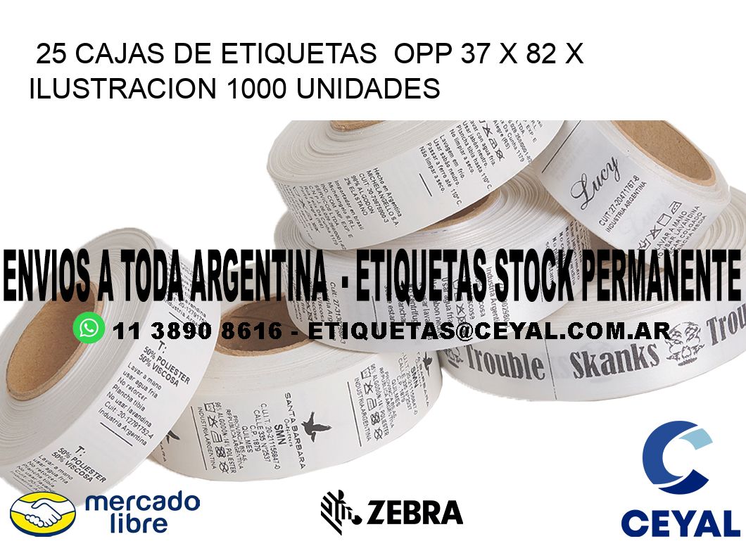 25 CAJAS DE ETIQUETAS  OPP 37 x 82 X ILUSTRACION 1000 UNIDADES