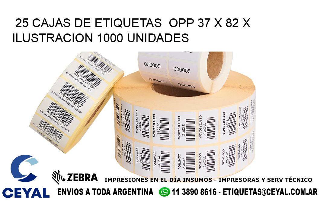 25 CAJAS DE ETIQUETAS  OPP 37 x 82 X ILUSTRACION 1000 UNIDADES