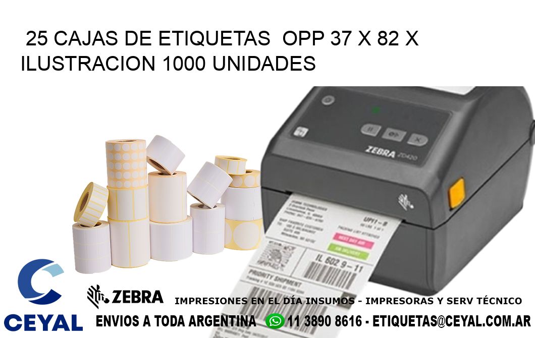 25 CAJAS DE ETIQUETAS  OPP 37 x 82 X ILUSTRACION 1000 UNIDADES