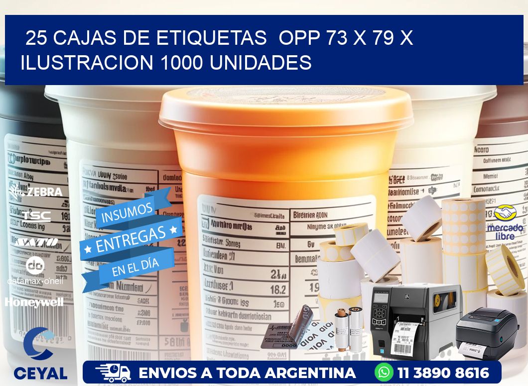 25 CAJAS DE ETIQUETAS  OPP 73 x 79 X ILUSTRACION 1000 UNIDADES