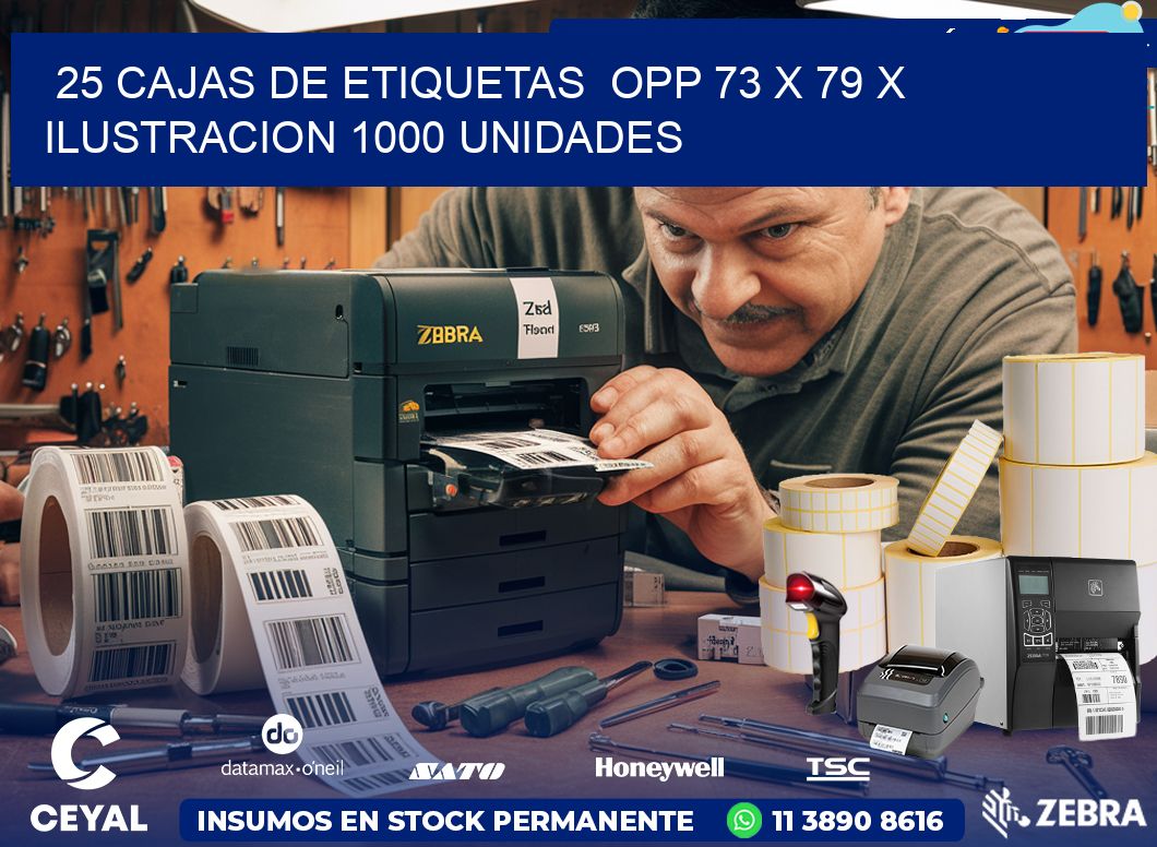 25 CAJAS DE ETIQUETAS  OPP 73 x 79 X ILUSTRACION 1000 UNIDADES