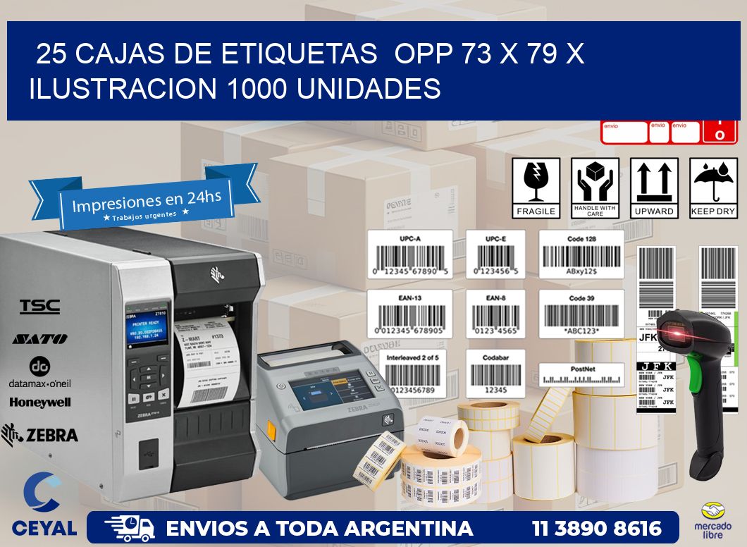 25 CAJAS DE ETIQUETAS  OPP 73 x 79 X ILUSTRACION 1000 UNIDADES