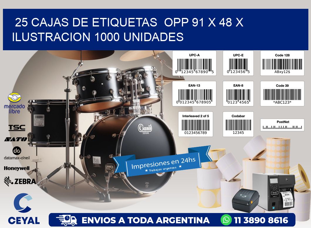 25 CAJAS DE ETIQUETAS  OPP 91 x 48 X ILUSTRACION 1000 UNIDADES