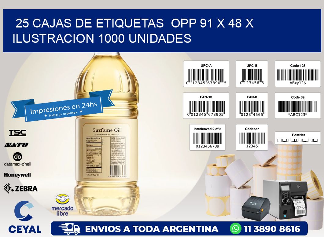 25 CAJAS DE ETIQUETAS  OPP 91 x 48 X ILUSTRACION 1000 UNIDADES