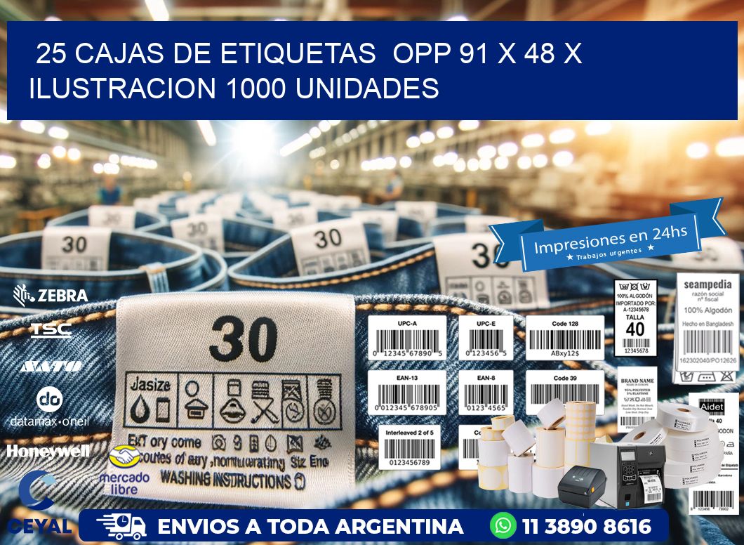 25 CAJAS DE ETIQUETAS  OPP 91 x 48 X ILUSTRACION 1000 UNIDADES