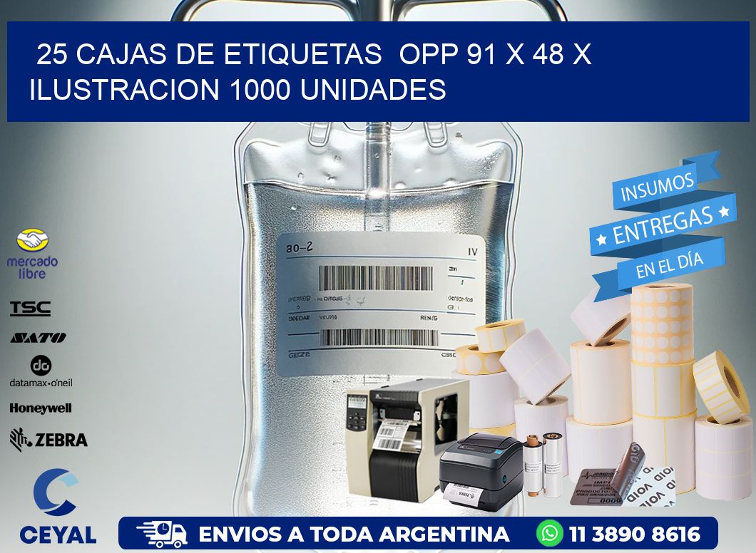 25 CAJAS DE ETIQUETAS  OPP 91 x 48 X ILUSTRACION 1000 UNIDADES