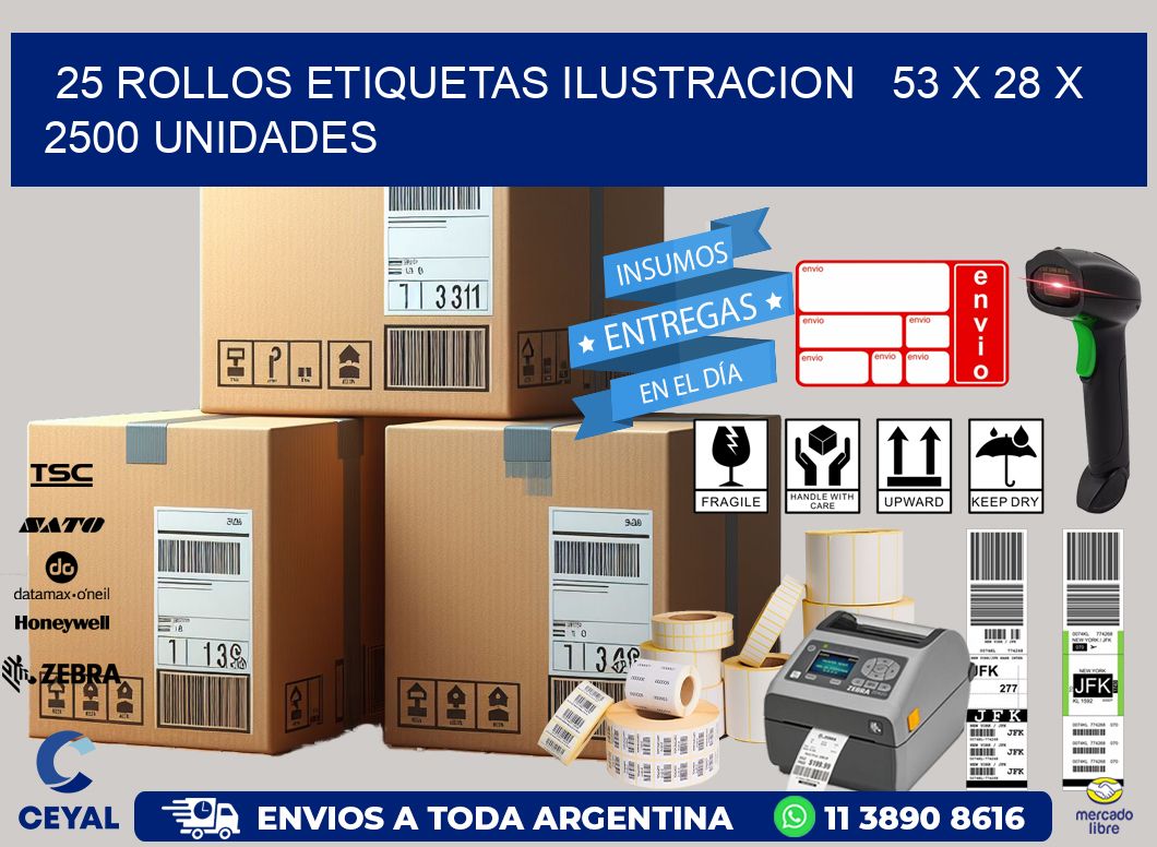 25 ROLLOS ETIQUETAS ILUSTRACION   53 x 28 X 2500 UNIDADES