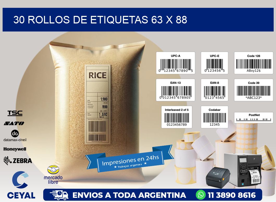 30 ROLLOS DE ETIQUETAS 63 x 88