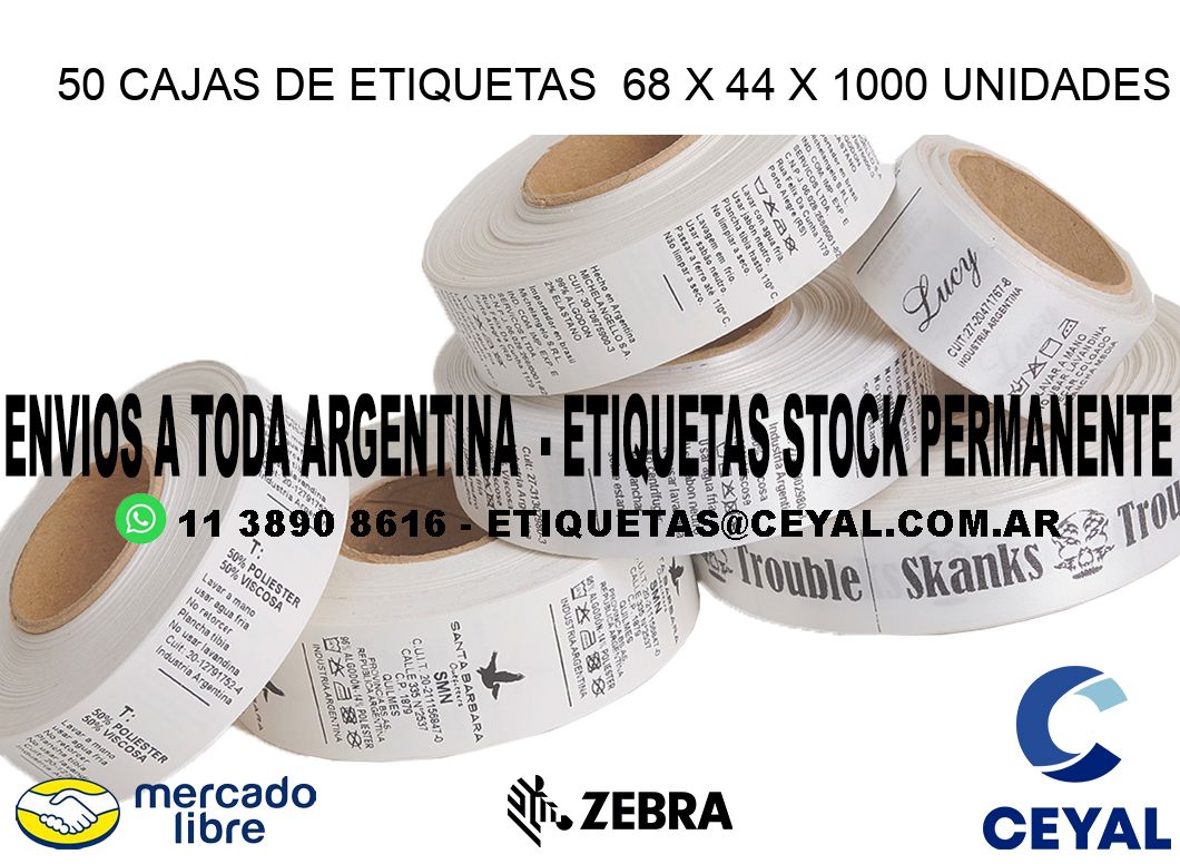 50 CAJAS DE ETIQUETAS  68 x 44 X 1000 UNIDADES