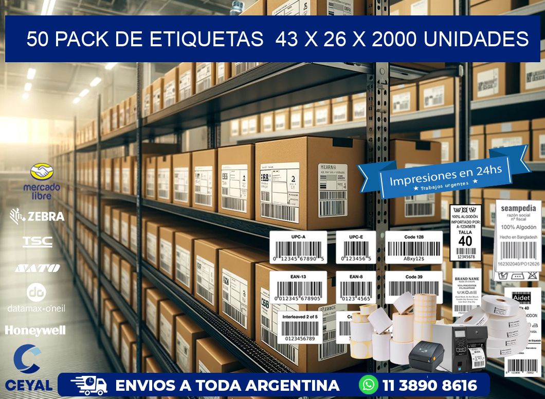 50 PACK DE ETIQUETAS  43 x 26 X 2000 UNIDADES