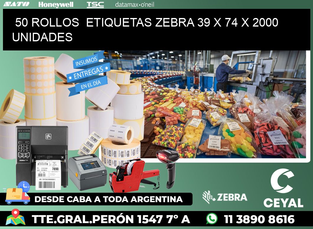 50 ROLLOS  ETIQUETAS ZEBRA 39 x 74 X 2000 UNIDADES