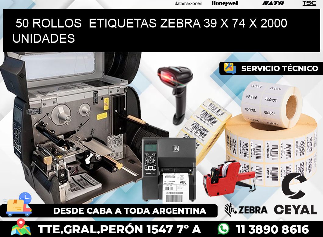 50 ROLLOS  ETIQUETAS ZEBRA 39 x 74 X 2000 UNIDADES