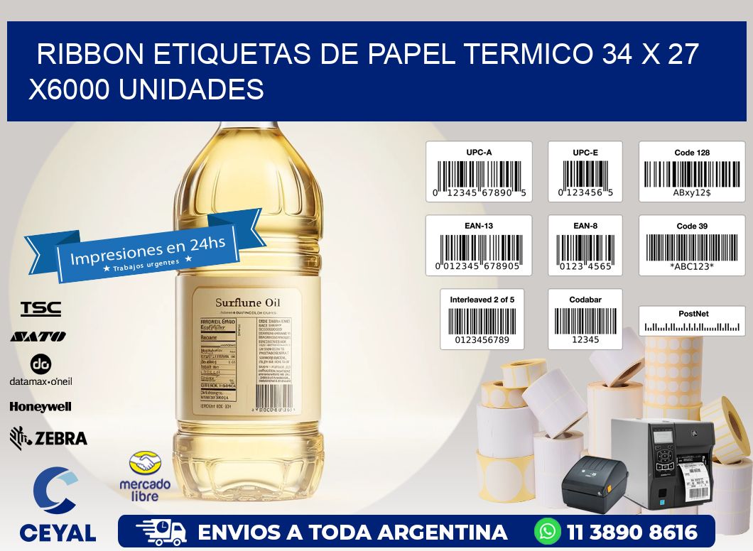 RIBBON ETIQUETAS DE PAPEL TERMICO 34 x 27 X6000 UNIDADES